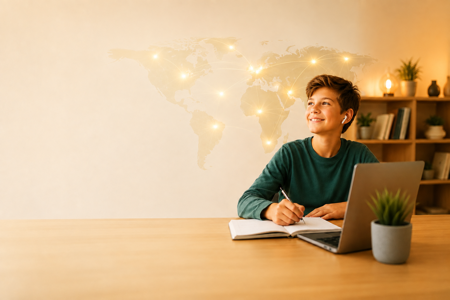 Smiling student attending a live online class from home with a world map in the background.